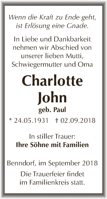 Traueranzeige von Charlotte John von Wochenspiegel Mansfelder Land