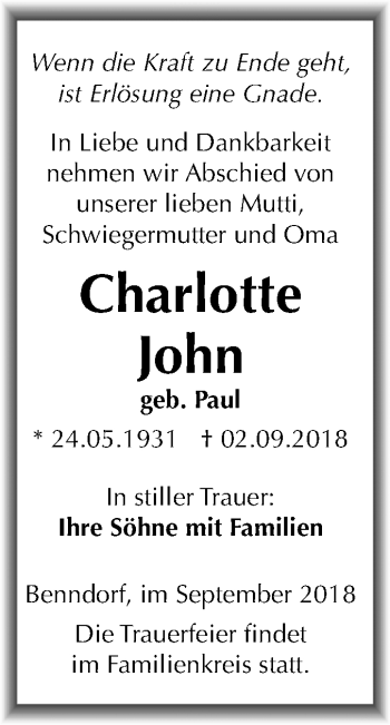 Traueranzeige von Charlotte John von Mitteldeutsche Zeitung