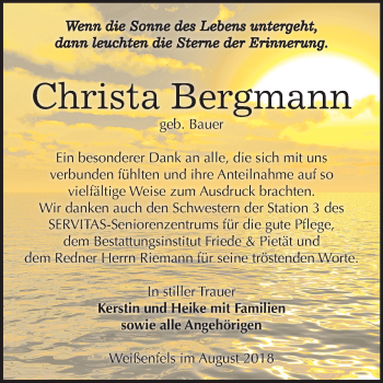 Traueranzeige von Christa Bergmann von Mitteldeutsche Zeitung Weißenfels