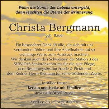 Traueranzeige von Christa Bergmann von WVG - Wochenspiegel NMB / WSF / ZTZ