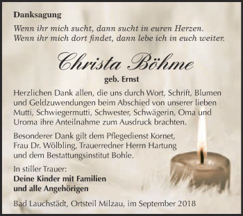 Traueranzeige von Christa Böhme von Super Sonntag Merseburg