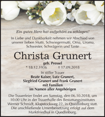Traueranzeige von Christa Grunert von Mitteldeutsche Zeitung