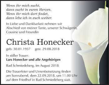 Traueranzeige von Christa Honecker von Mitteldeutsche Zeitung