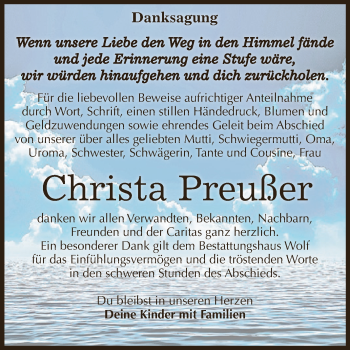 Traueranzeige von Christa Preußer von WVG - Wochenspiegel NMB / WSF / ZTZ