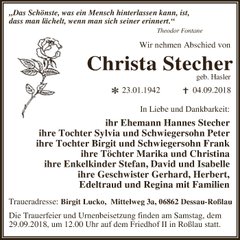 Traueranzeige von Christa Stecher von WVG - Wochenspiegel Dessau / Köthen