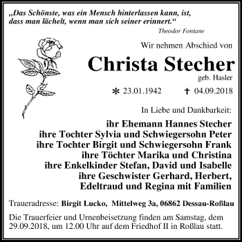 Traueranzeige von Christa Stecher von Mitteldeutsche Zeitung Dessau-Roßlau