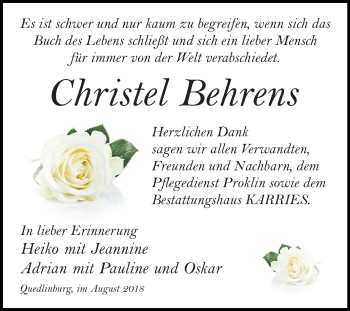 Traueranzeige von Christel Behrens von Mitteldeutsche Zeitung Quedlinburg