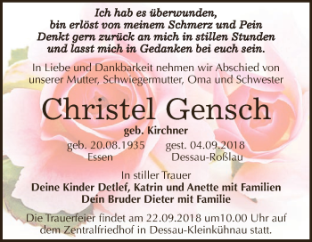 Traueranzeige von Christel Gensch von WVG - Wochenspiegel Dessau / Köthen