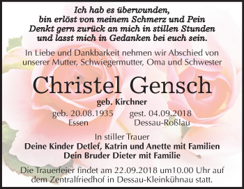 Traueranzeige von Christel Gensch von Mitteldeutsche Zeitung Dessau-Roßlau