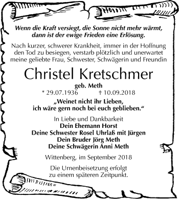 Traueranzeige von Christel Kretschmer von Mitteldeutsche Zeitung