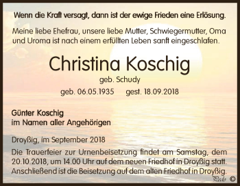 Traueranzeige von Christina Koschig von Super Sonntag Zeitz