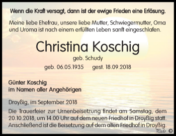 Traueranzeige von Christina Koschig von Mitteldeutsche Zeitung Zeitz