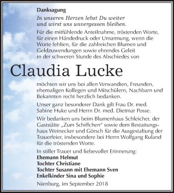 Traueranzeige von Claudia Lucke von Mitteldeutsche Zeitung Bernburg