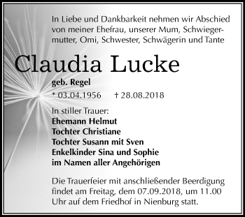 Traueranzeige von Claudia Lucke von Mitteldeutsche Zeitung Bernburg