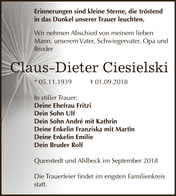 Traueranzeige von Claus-Dieter Ciesielski von Super Sonntag Aschersleben