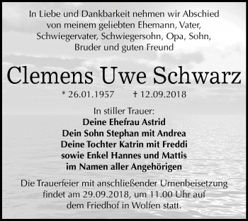 Traueranzeige von Clemens Uwe Schwarz von Mitteldeutsche Zeitung