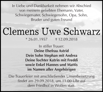 Traueranzeige von Clemens Uwe Schwarz von WVG - Wochenspiegel Bitterfeld