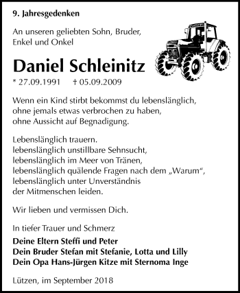 Traueranzeige von Daniel Schleinitz von Mitteldeutsche Zeitung Weißenfels