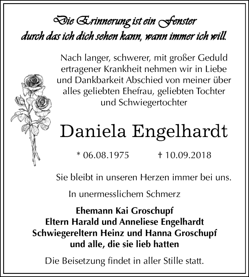  Traueranzeige für Daniela Engelhardt vom 15.09.2018 aus Mitteldeutsche Zeitung Bernburg
