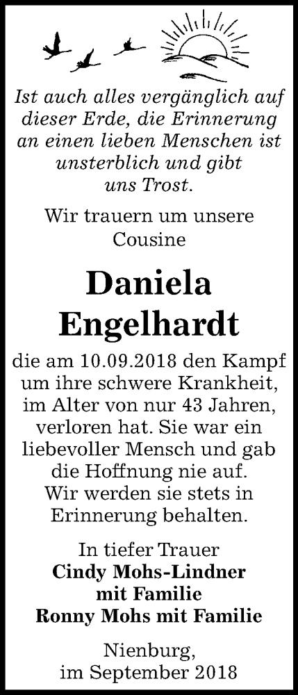  Traueranzeige für Daniela Engelhardt vom 22.09.2018 aus Mitteldeutsche Zeitung Bernburg