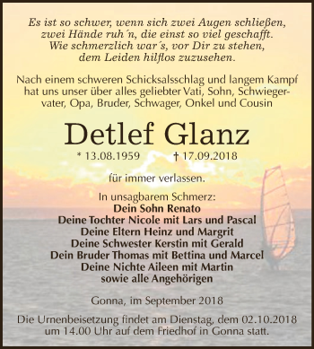 Traueranzeige von Detlef Glanz von Super Sonntag SGH Mansf. Land