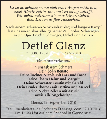 Traueranzeige von Detlef Glanz von Mitteldeutsche Zeitung Sangerhausen