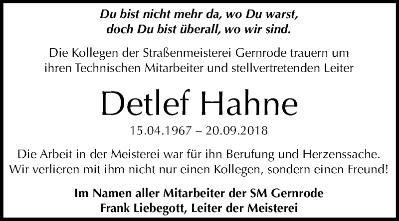  Traueranzeige für Detlef Hahne vom 22.09.2018 aus Mitteldeutsche Zeitung Quedlinburg