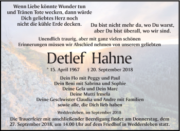 Traueranzeige von Detlef Hahne von Mitteldeutsche Zeitung Quedlinburg