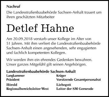 Traueranzeige von Detlef Hahne von Mitteldeutsche Zeitung Quedlinburg