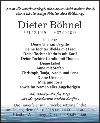 Traueranzeige von Dieter Böhnel von WVG - Wochenspiegel Wittenberg