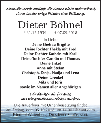 Traueranzeige von Dieter Böhnel von Mitteldeutsche Zeitung