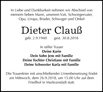 Traueranzeige von Dieter Clauß von Mitteldeutsche Zeitung Halle/Saalkreis