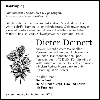 Traueranzeige von Dieter Deinert von Mitteldeutsche Zeitung Sangerhausen