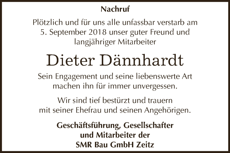  Traueranzeige für Dieter Dännhardt vom 15.09.2018 aus Super Sonntag Zeitz
