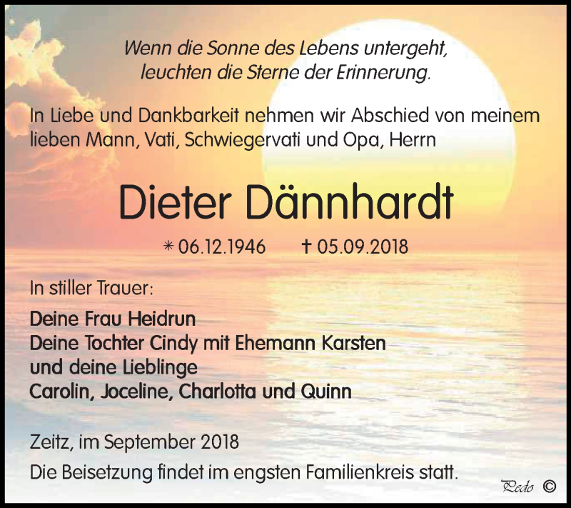  Traueranzeige für Dieter Dännhardt vom 15.09.2018 aus Mitteldeutsche Zeitung Zeitz