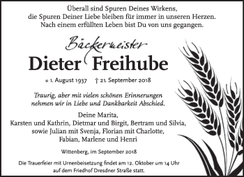 Traueranzeige von Dieter Freihube von Super Sonntag Wittenberg