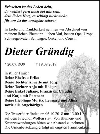 Traueranzeige von Dieter Gründig von Mitteldeutsche Zeitung Bitterfeld