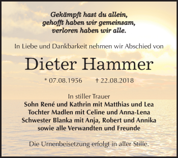 Traueranzeige von Dieter Hammer von Mitteldeutsche Zeitung Bitterfeld