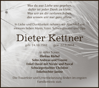 Traueranzeige von Dieter Kettner von Super Sonntag SGH Mansf. Land
