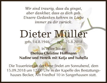 Traueranzeige von Dieter Müller von Super Sonntag SGH Mansf. Land