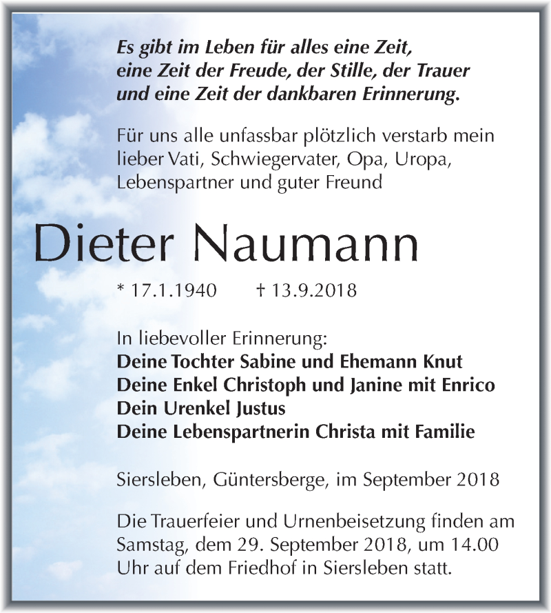  Traueranzeige für Dieter Naumann vom 22.09.2018 aus Mitteldeutsche Zeitung Quedlinburg