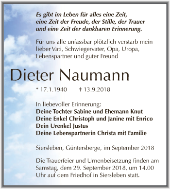 Traueranzeige von Dieter Naumann von Super Sonntag SGH Mansf. Land