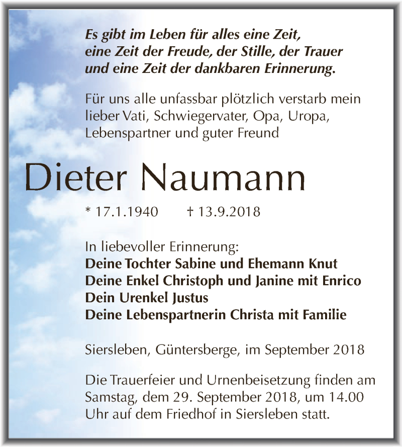  Traueranzeige für Dieter Naumann vom 22.09.2018 aus Super Sonntag SGH Mansf. Land