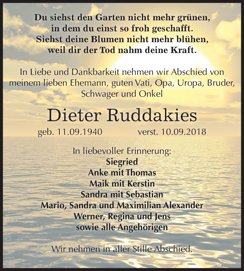  Traueranzeige für Dieter Ruddakies vom 22.09.2018 aus Mitteldeutsche Zeitung Weißenfels
