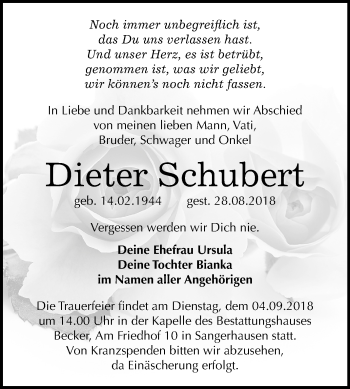 Traueranzeige von Dieter Schubert von Mitteldeutsche Zeitung
