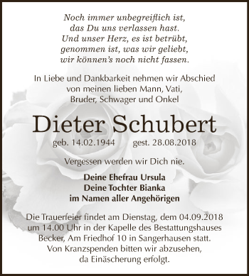 Traueranzeige von Dieter Schubert von Super Sonntag SGH Mansf. Land