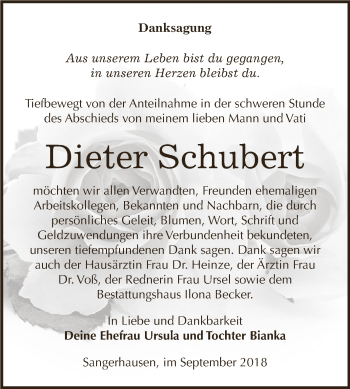 Traueranzeige von Dieter Schubert von Super Sonntag SGH Mansf. Land