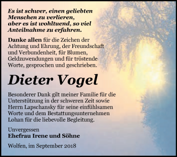 Traueranzeige von Dieter Vogel von WVG - Wochenspiegel Bitterfeld
