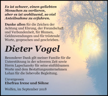 Traueranzeige von Dieter Vogel von Mitteldeutsche Zeitung Bitterfeld