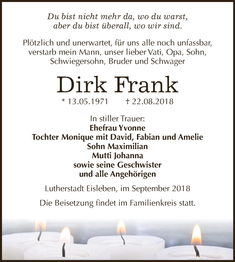  Traueranzeige für Dirk Frank vom 12.09.2018 aus Wochenspiegel Mansfelder Land